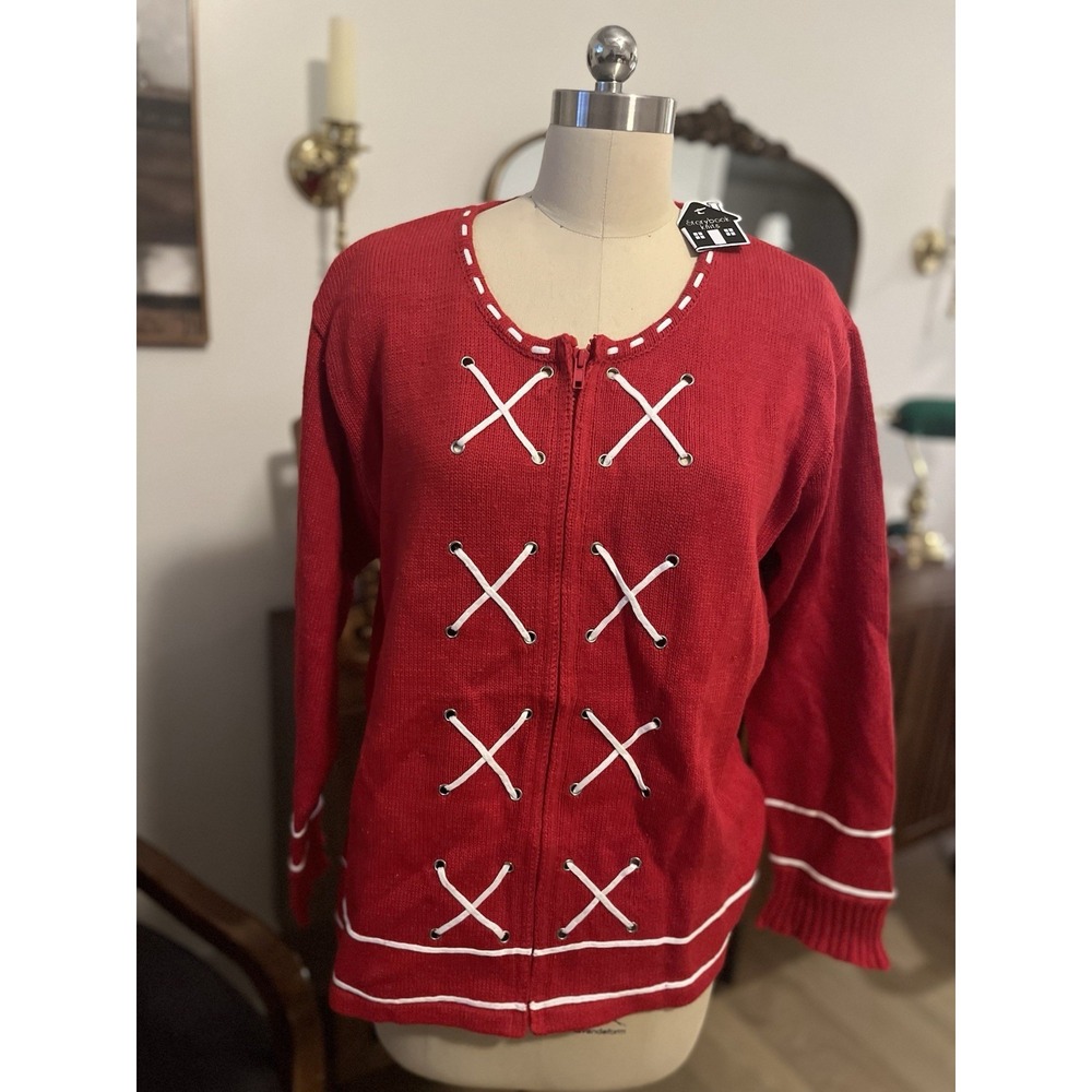 Storybook Knits VTG Coquette Red Lace Up Cardigan Sweater Cottagecore Sz L NWT